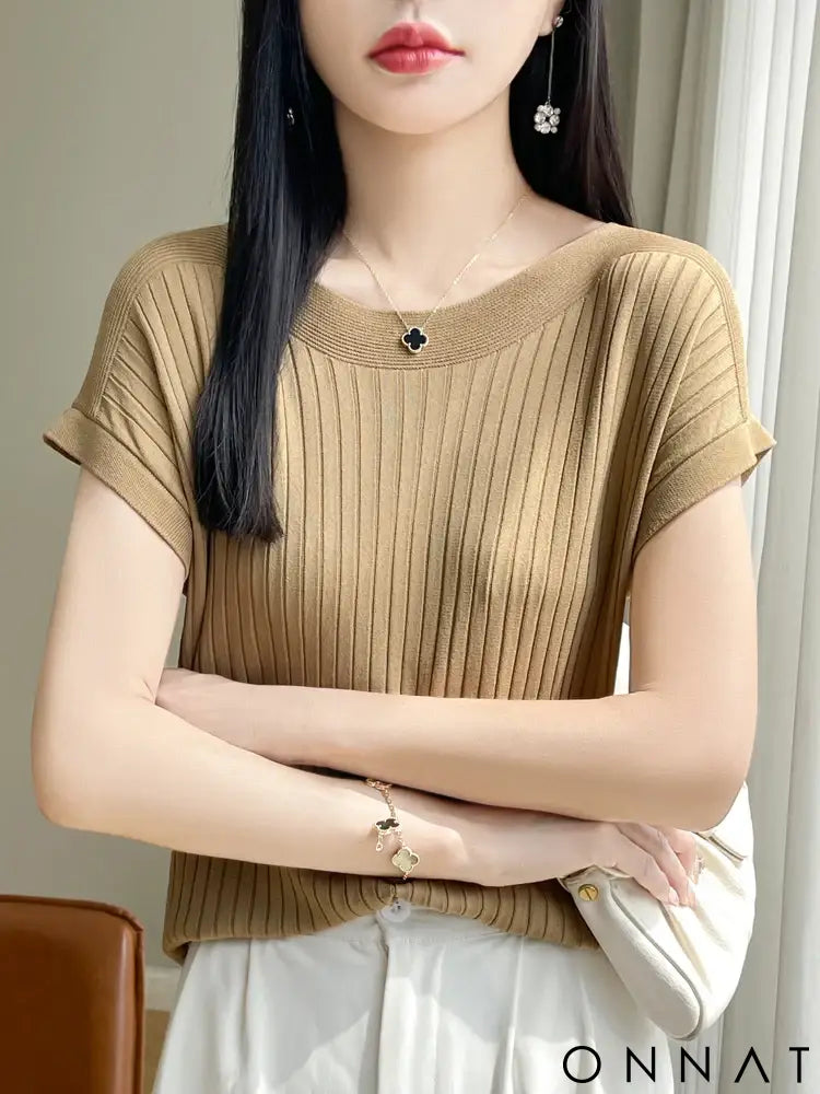 2025 Fashion Slash Neck Women Sweater Ice Silk Spring Summer Knitted Sweater Loose Casual Korean Shirts Short Sleeve