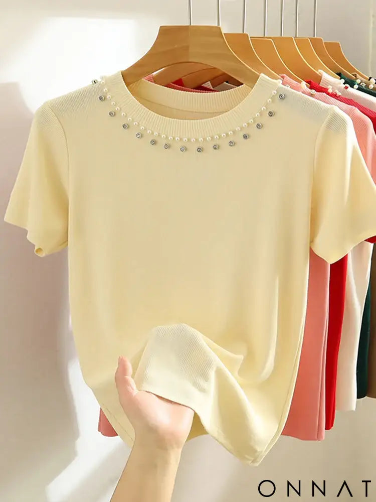 AOSSVIAO 2025 Korea Knitted T-shirt Women Top Solid Tank Y2K Summer New Fashion Female Sleeveless Beading Casual Thin