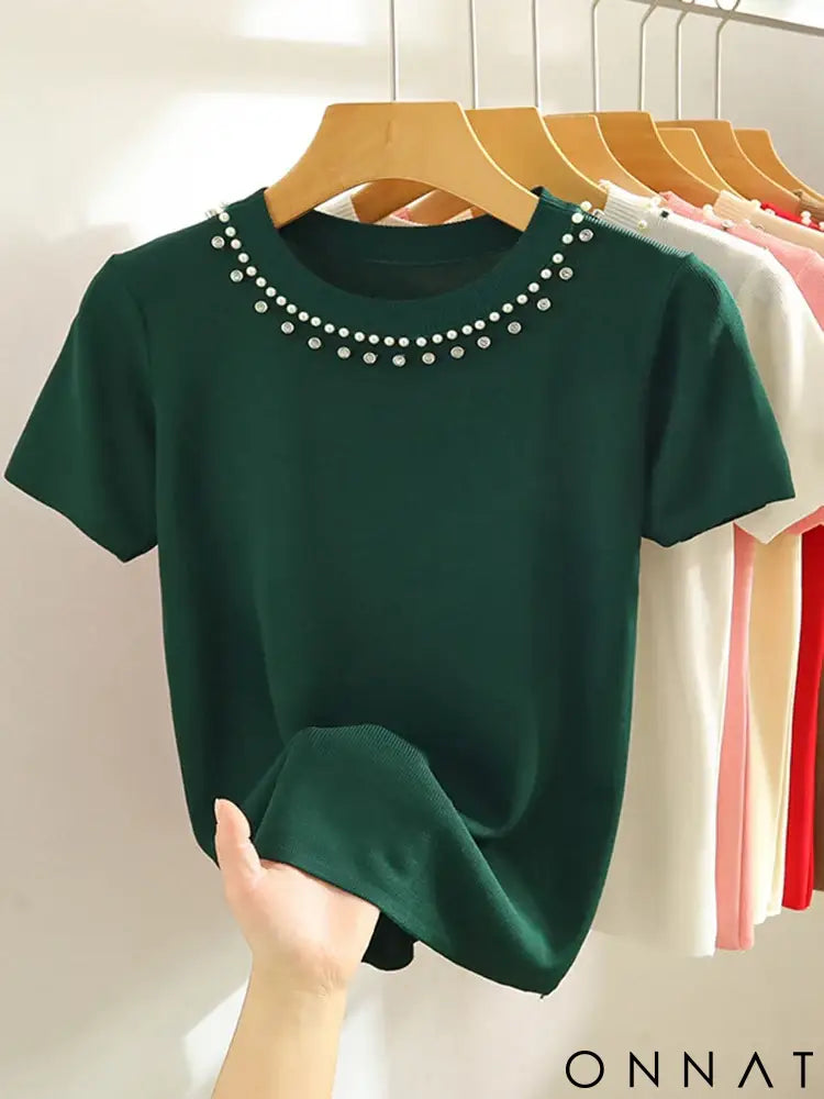 AOSSVIAO 2025 Korea Knitted T-shirt Women Top Solid Tank Y2K Summer New Fashion Female Sleeveless Beading Casual Thin