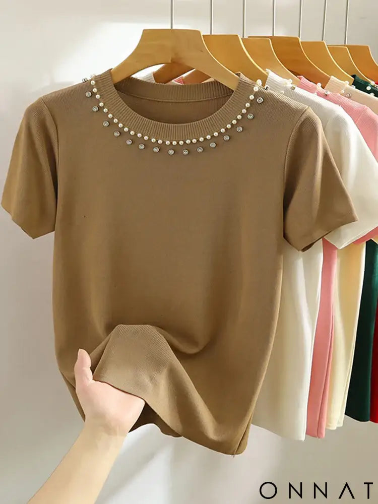 AOSSVIAO 2025 Korea Knitted T-shirt Women Top Solid Tank Y2K Summer New Fashion Female Sleeveless Beading Casual Thin