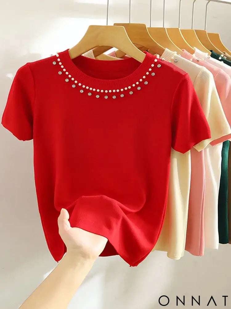 AOSSVIAO 2025 Korea Knitted T-shirt Women Top Solid Tank Y2K Summer New Fashion Female Sleeveless Beading Casual Thin