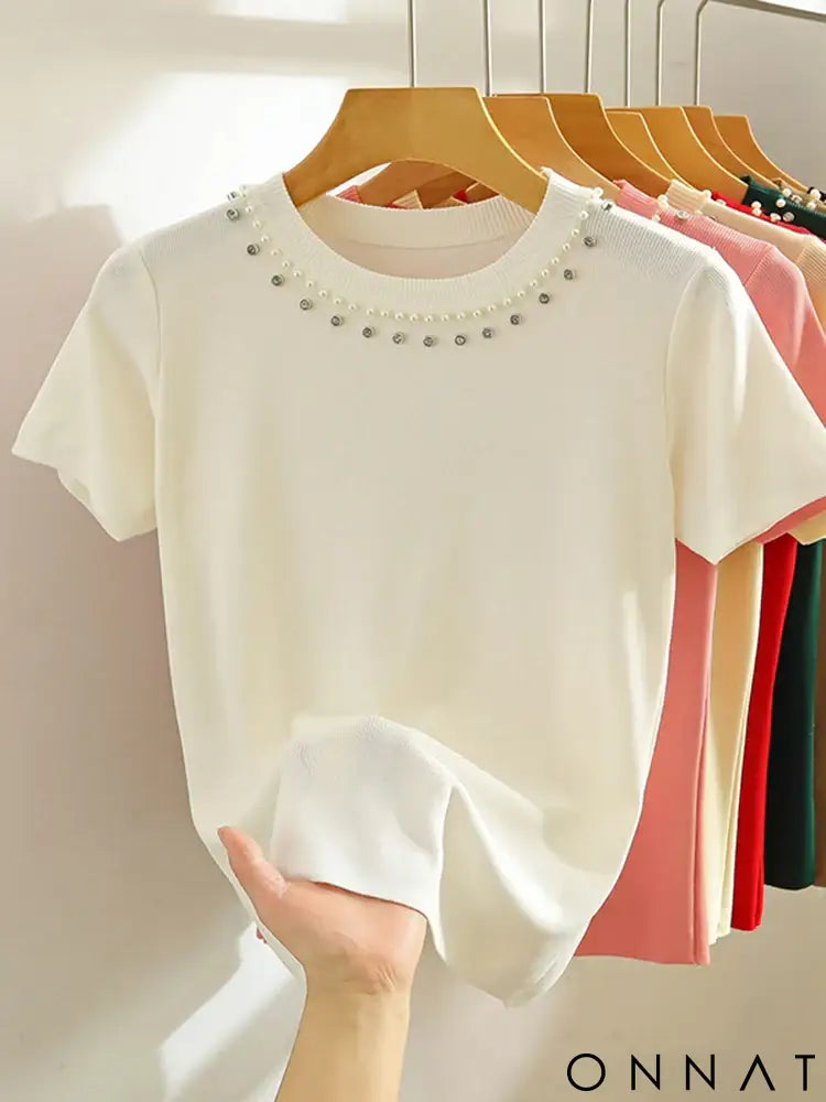 AOSSVIAO 2025 Korea Knitted T-shirt Women Top Solid Tank Y2K Summer New Fashion Female Sleeveless Beading Casual Thin