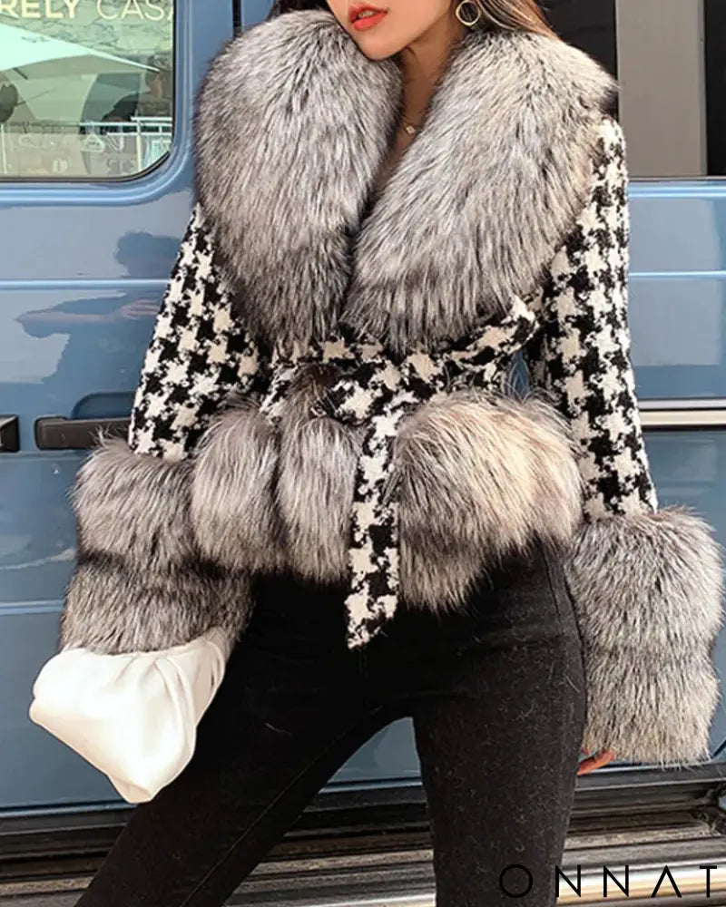 Faux-Fur Belted Houndstooth Jacket