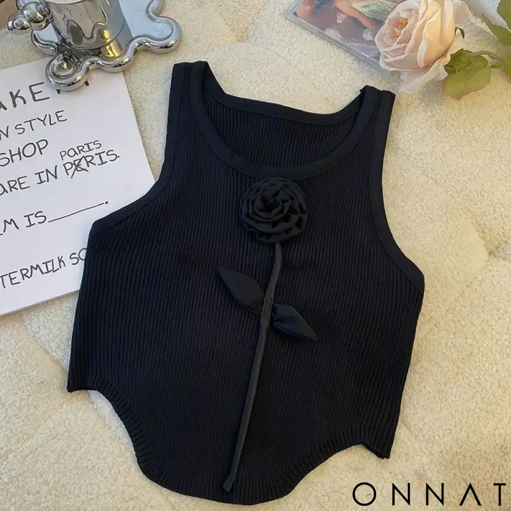 Korean Clothing Cute Unique Three-dimensional Flower Slim Fitting Sleeveless Ice Silk Knitted Halter Top for Women