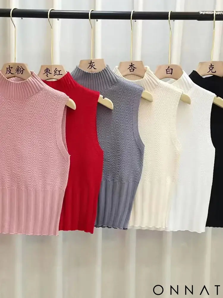 HELIAR Women Summer Casual Knitted Tank Tops Solid Sleeveless Half High Collar Slim Base Shirt Sexy Top Knitwear Y2k