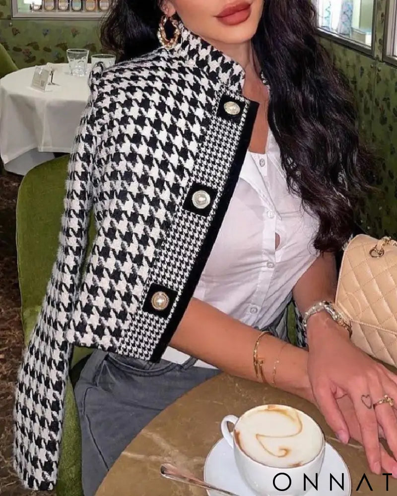 Houndstooth Tweed Cropped Jacket