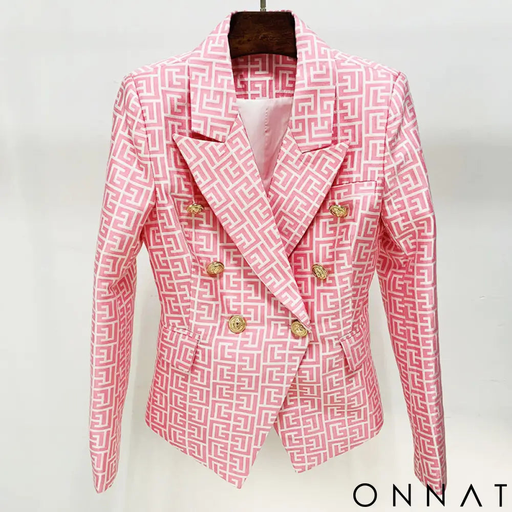 Jacquard Double Breasted Gold Button Blazer Pink & White / S
