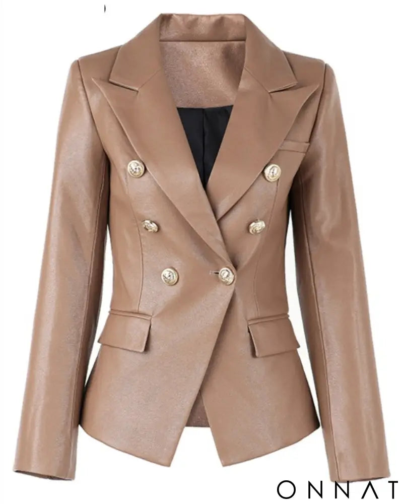 Khaki Leather Double Breasted Gold Button Blazer