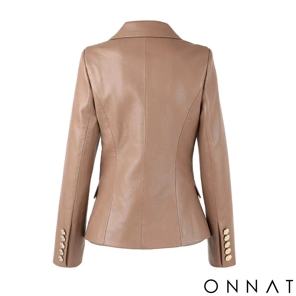 Khaki Leather Double Breasted Gold Button Blazer