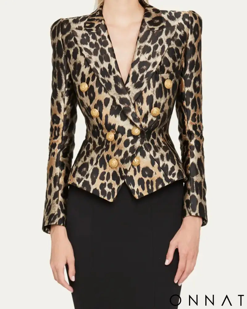 Leopard Double Breasted Gold Button Blazer