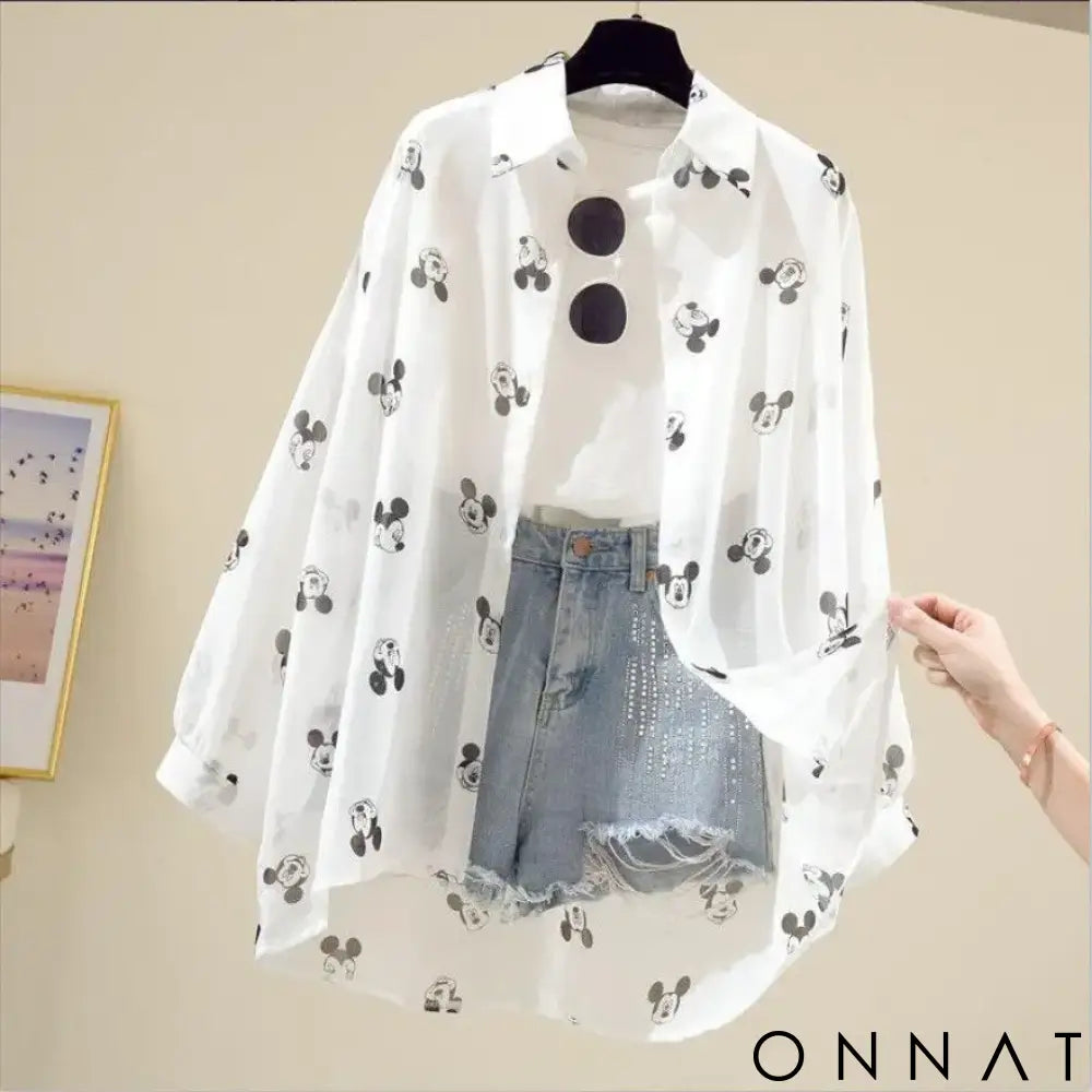 Mickey Mouse Blouse Ladies Long Sleeve Women Shirt Beach Shirts Kawaii Cartoon Summer Disney Clothes Cover-Up Top
