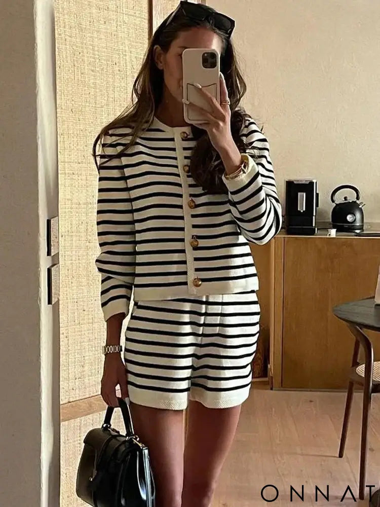 Mykonos Striped Gold Button Cardigan & Shorts Set