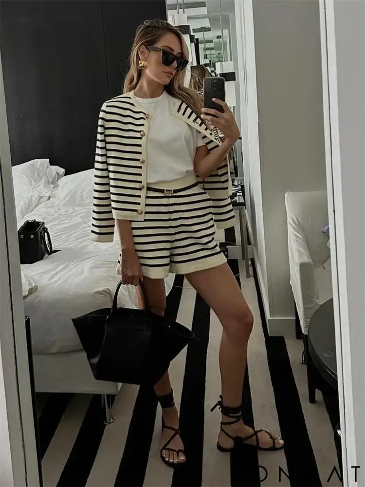 Mykonos Striped Gold Button Cardigan & Shorts Set