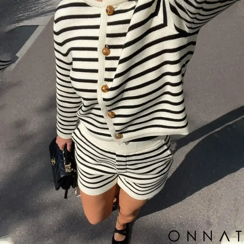 Mykonos Striped Gold Button Cardigan & Shorts Set