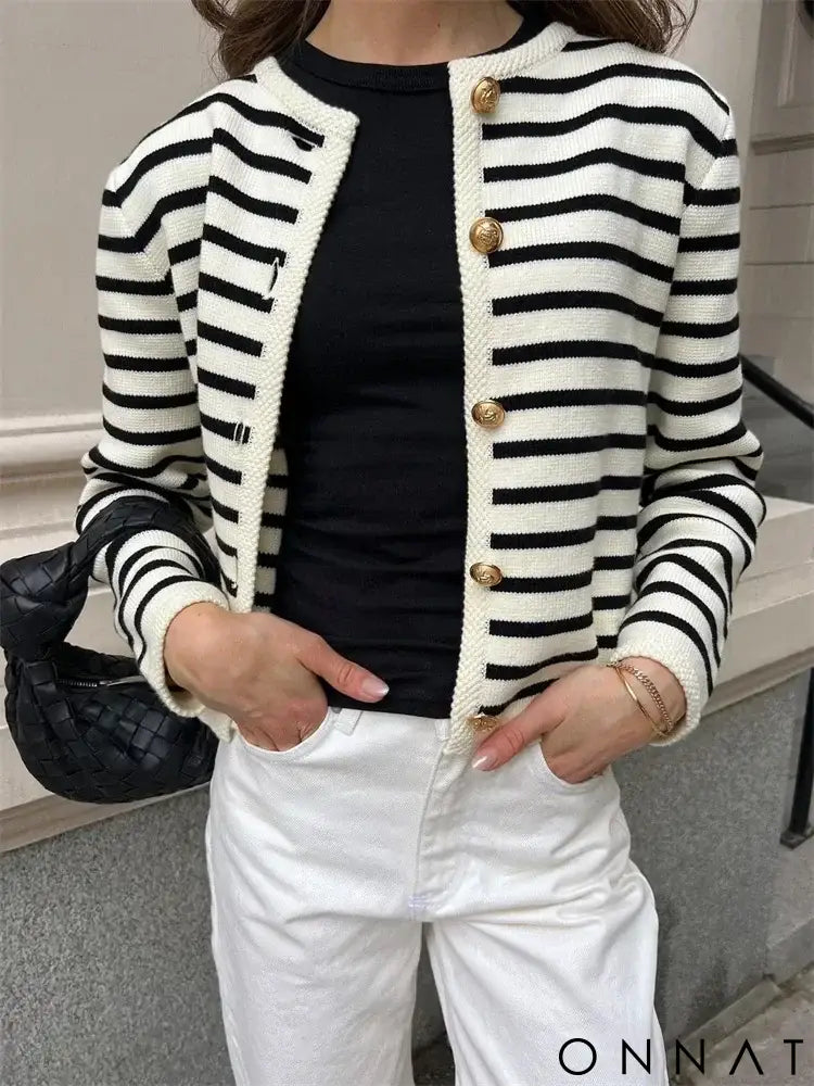 Mykonos Striped Gold Button Cardigan & Shorts Set Cardigan / S