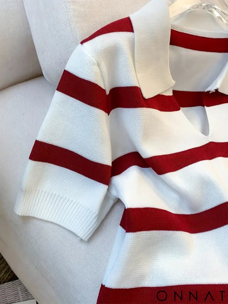 2024 New Striped Pattern Collared Sweater Versatile Short Sleeve Knitted Top For Spring & Summer Women’s Clothing Crop