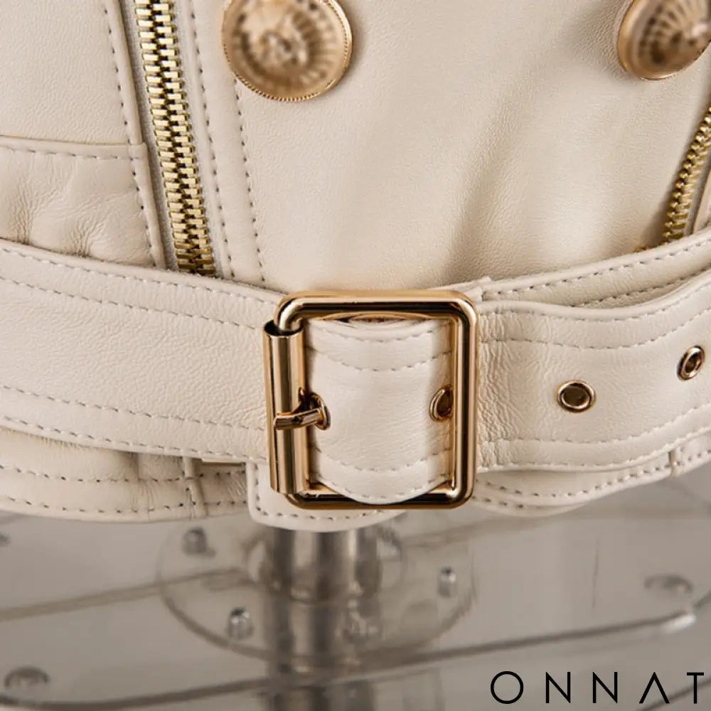 Off-White Leather Gold Button Biker Jacket