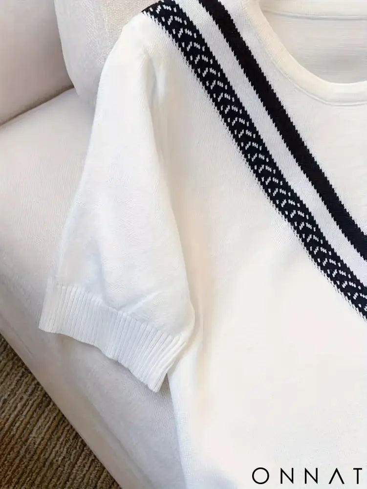 2024 New Summer Color Block Crew Neck Knitted Sweater Crop Top Casual Short Sleeve Top For Spring & Summer Women’s