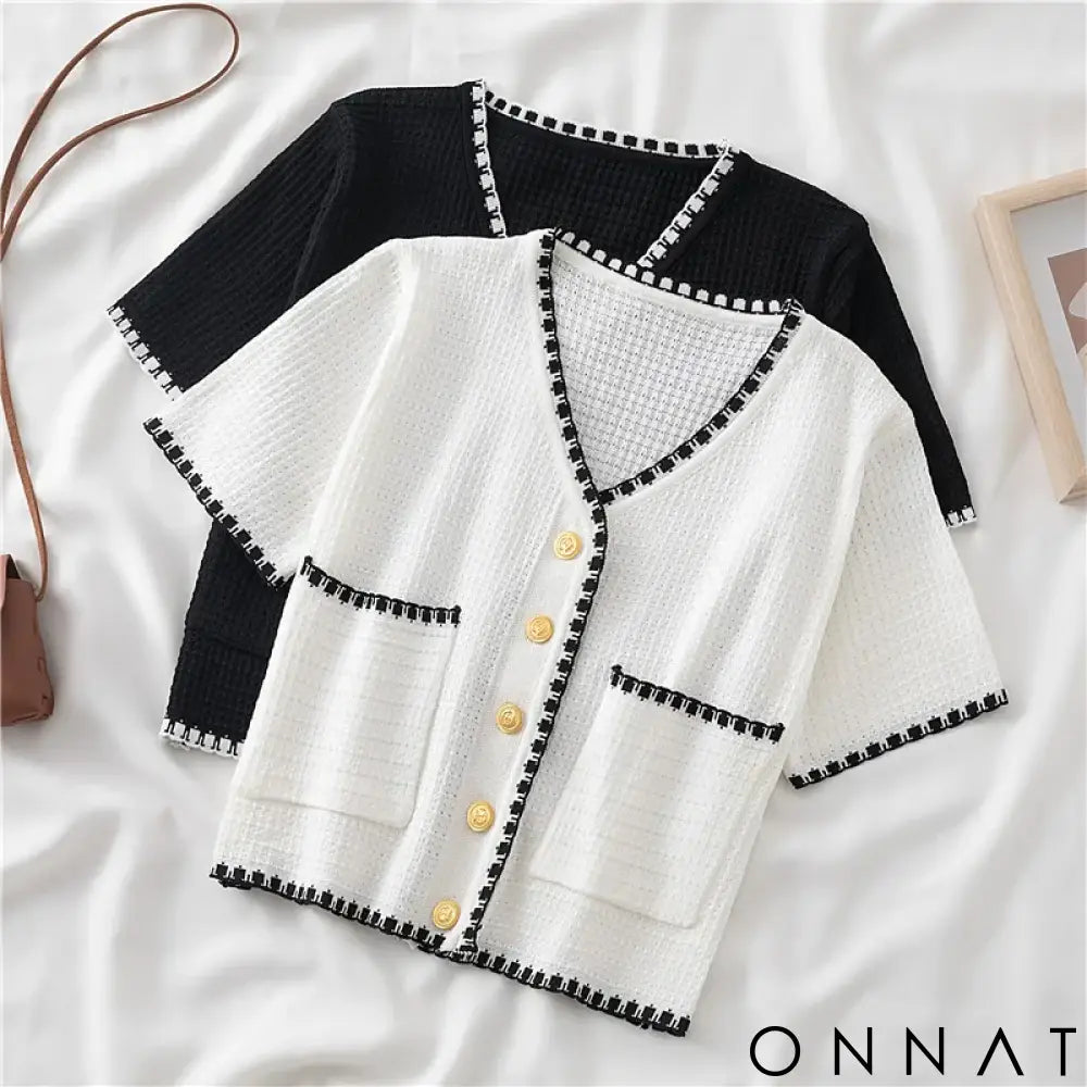 Summer Women New Solid V-Neck Casual Crop Top Single-breasted Pocket Patchwork Cardigan Versatile Loose Short Sleeve