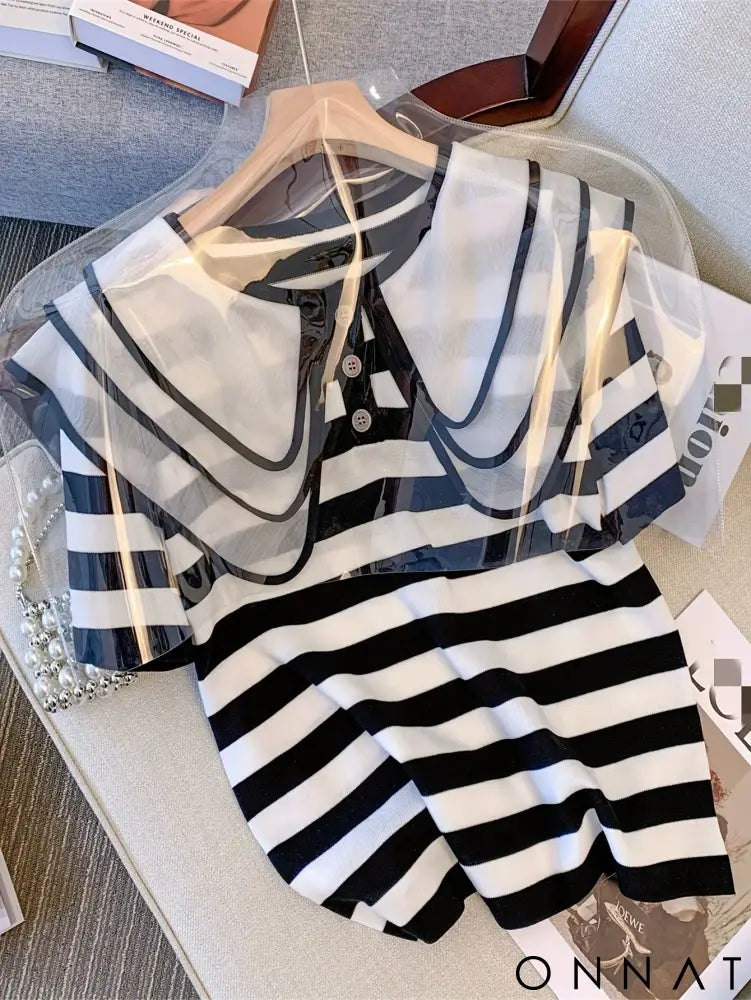 2024 New Striped Pattern Doll Collar Knitted Pullover Cute Short Sleeve Crew Neck Button Front Sweater Women’s Clothing