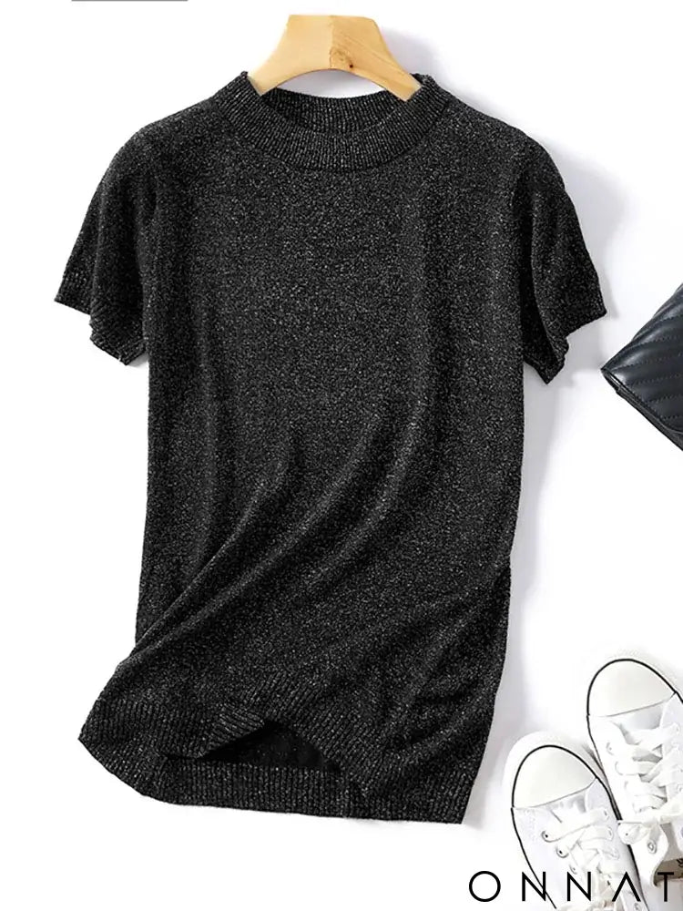 Shiny Lurex 2024 Spring Summer O Neck Mix Color Patchwork Sweater Women Casual Short Sleeve Pullover Knit Jumper Korean