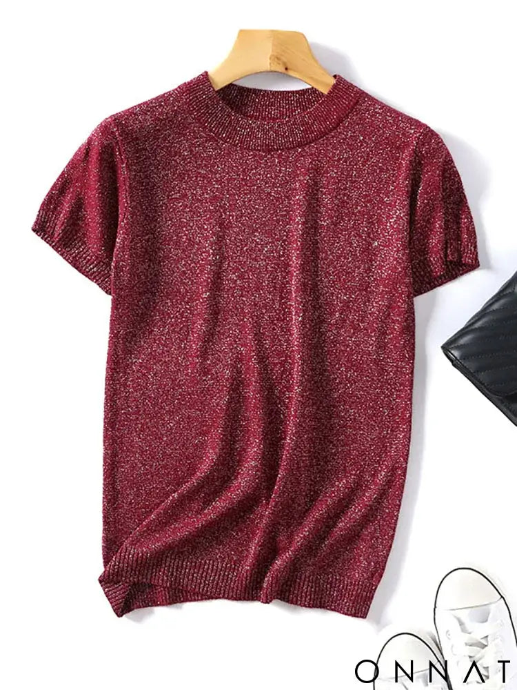 Shiny Lurex 2024 Spring Summer O Neck Mix Color Patchwork Sweater Women Casual Short Sleeve Pullover Knit Jumper Korean