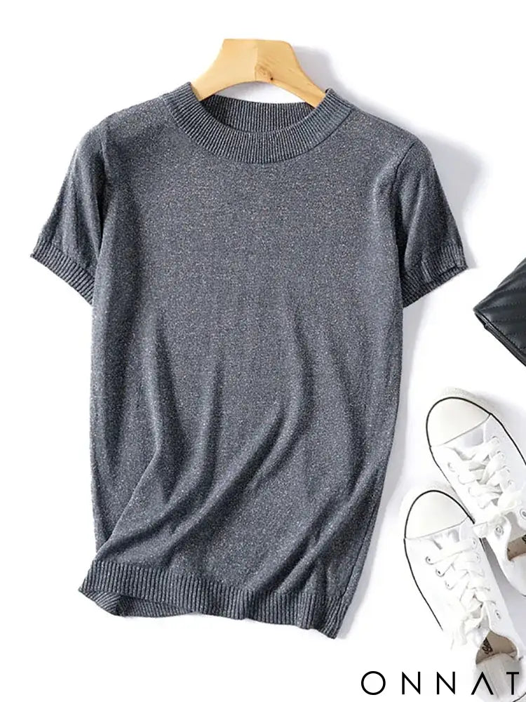 Shiny Lurex 2024 Spring Summer O Neck Mix Color Patchwork Sweater Women Casual Short Sleeve Pullover Knit Jumper Korean