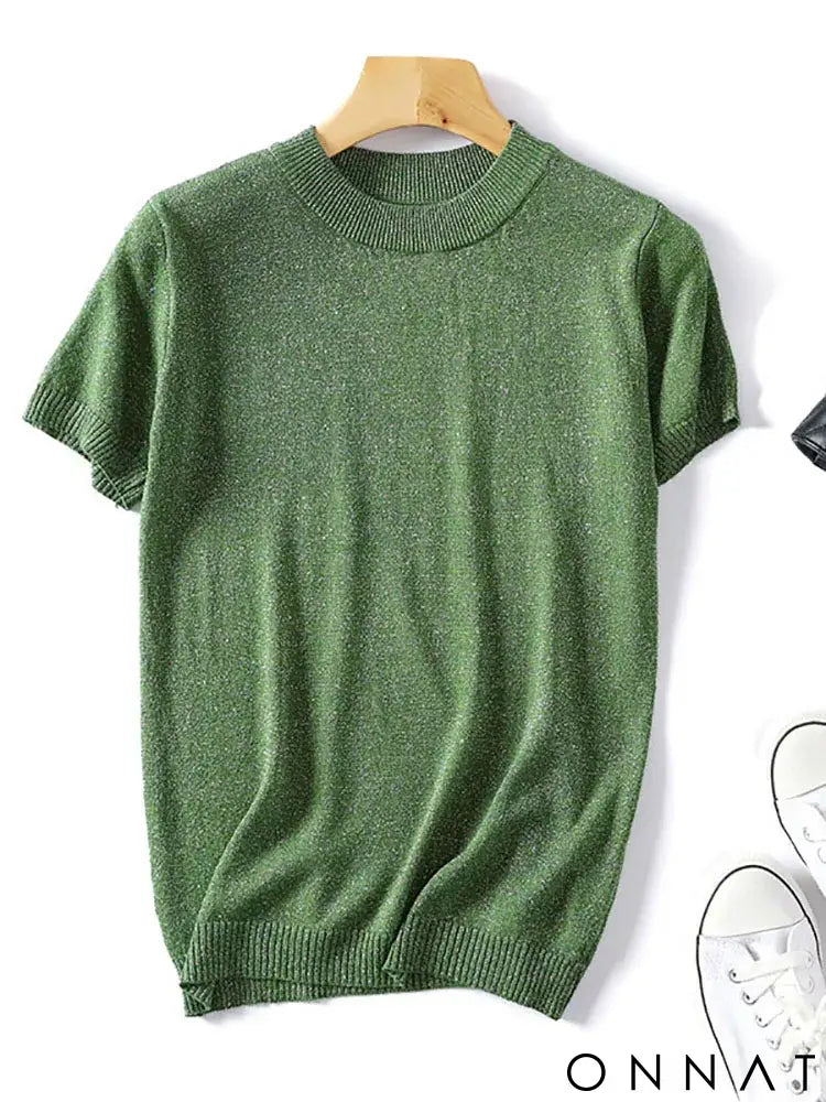 Shiny Lurex 2024 Spring Summer O Neck Mix Color Patchwork Sweater Women Casual Short Sleeve Pullover Knit Jumper Korean