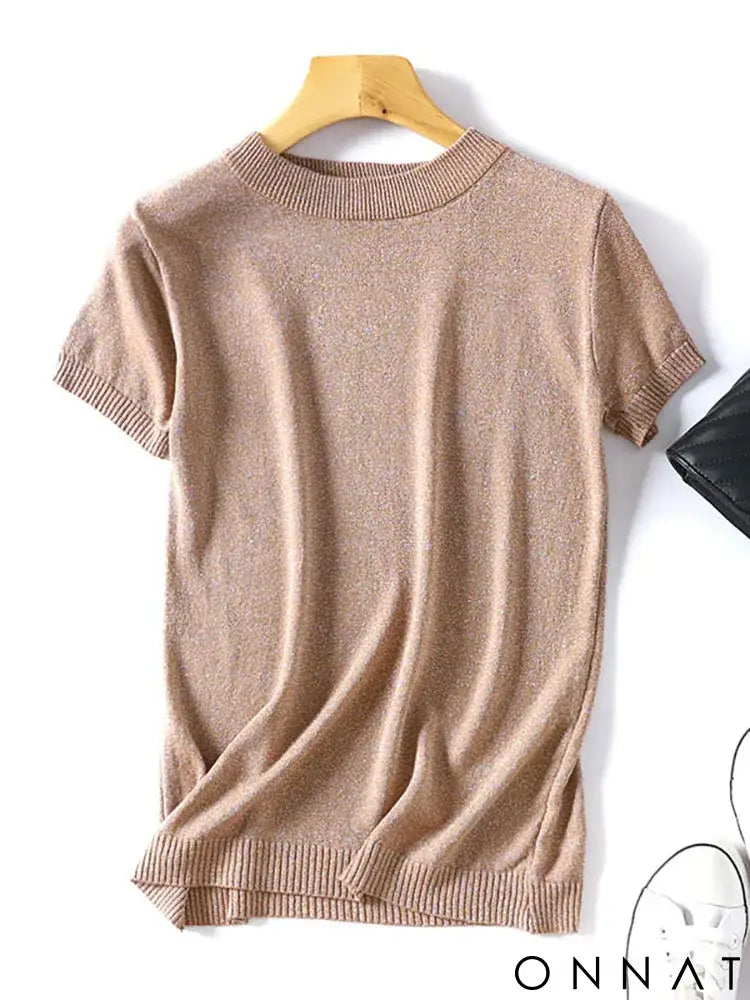 Shiny Lurex 2024 Spring Summer O Neck Mix Color Patchwork Sweater Women Casual Short Sleeve Pullover Knit Jumper Korean