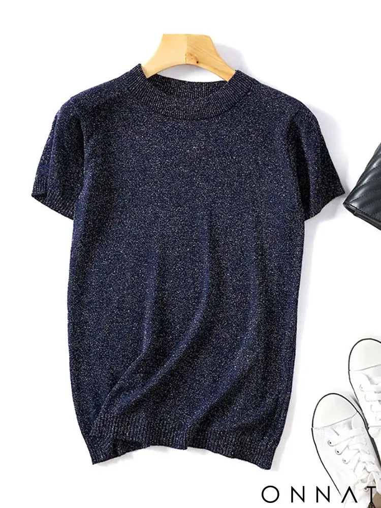 Shiny Lurex 2024 Spring Summer O Neck Mix Color Patchwork Sweater Women Casual Short Sleeve Pullover Knit Jumper Korean