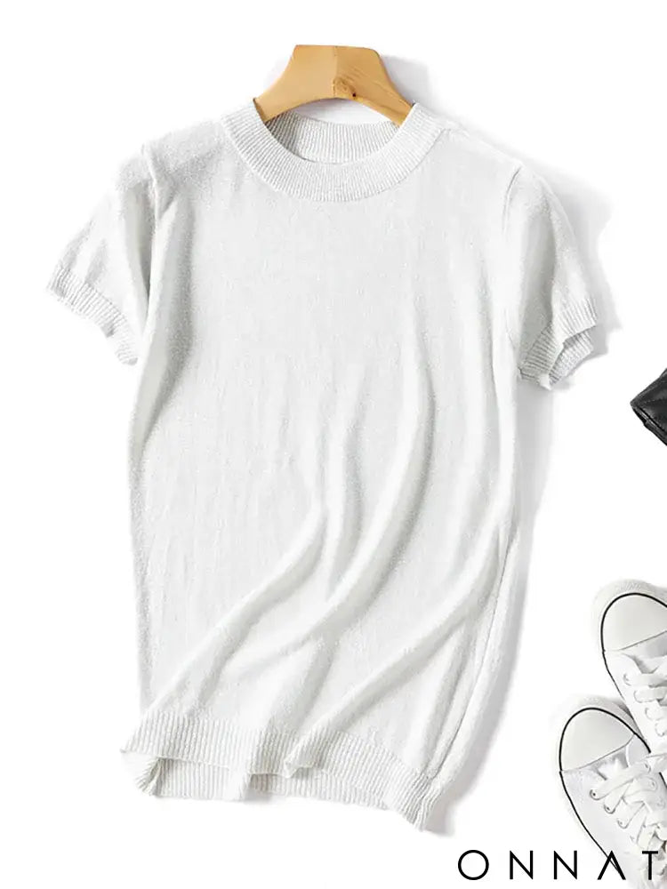 Shiny Lurex 2024 Spring Summer O Neck Mix Color Patchwork Sweater Women Casual Short Sleeve Pullover Knit Jumper Korean