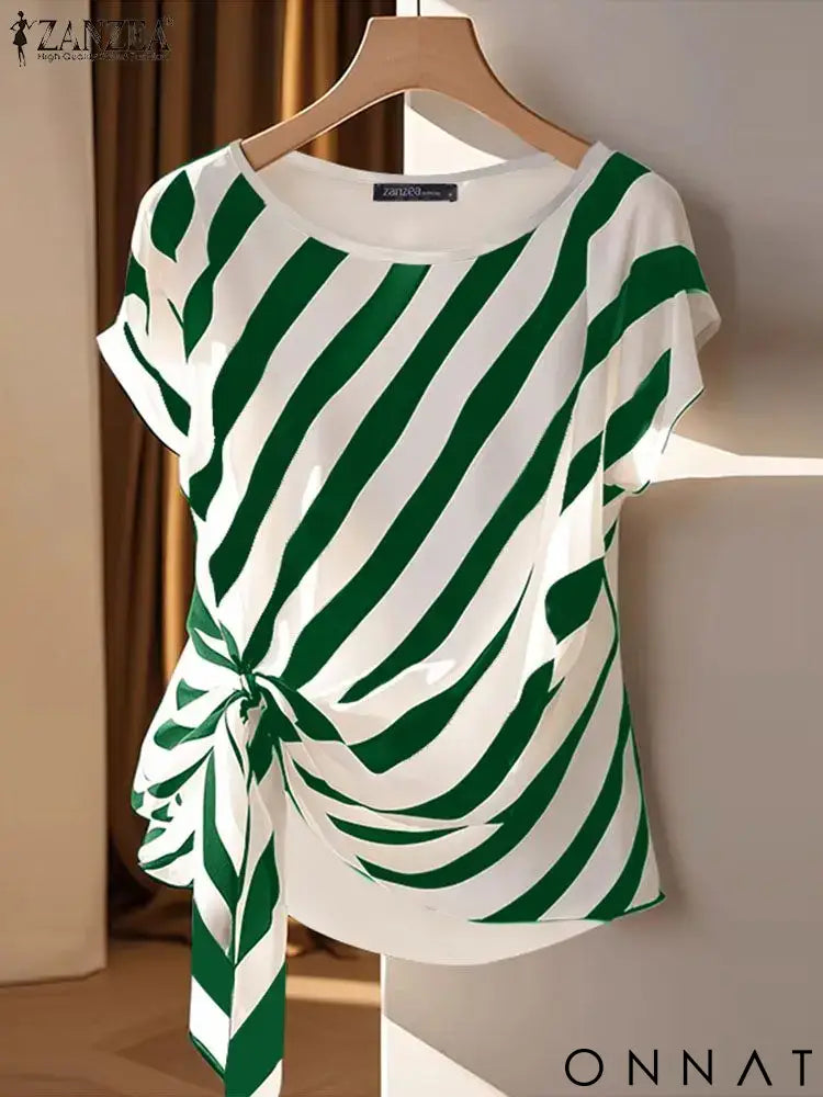 ZANZEA 2025 Korean Striped Printed Tops Fashion Short Sleeve Blouse Holiday Summer HolidayLoose Belted Tunic Casual