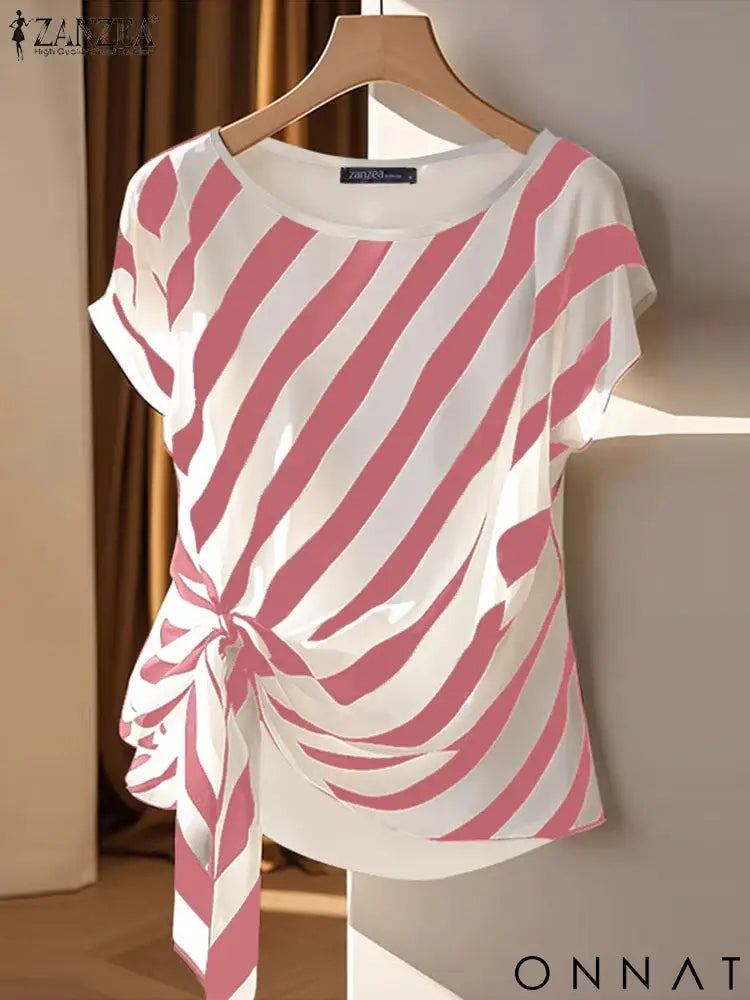 ZANZEA 2025 Korean Striped Printed Tops Fashion Short Sleeve Blouse Holiday Summer HolidayLoose Belted Tunic Casual