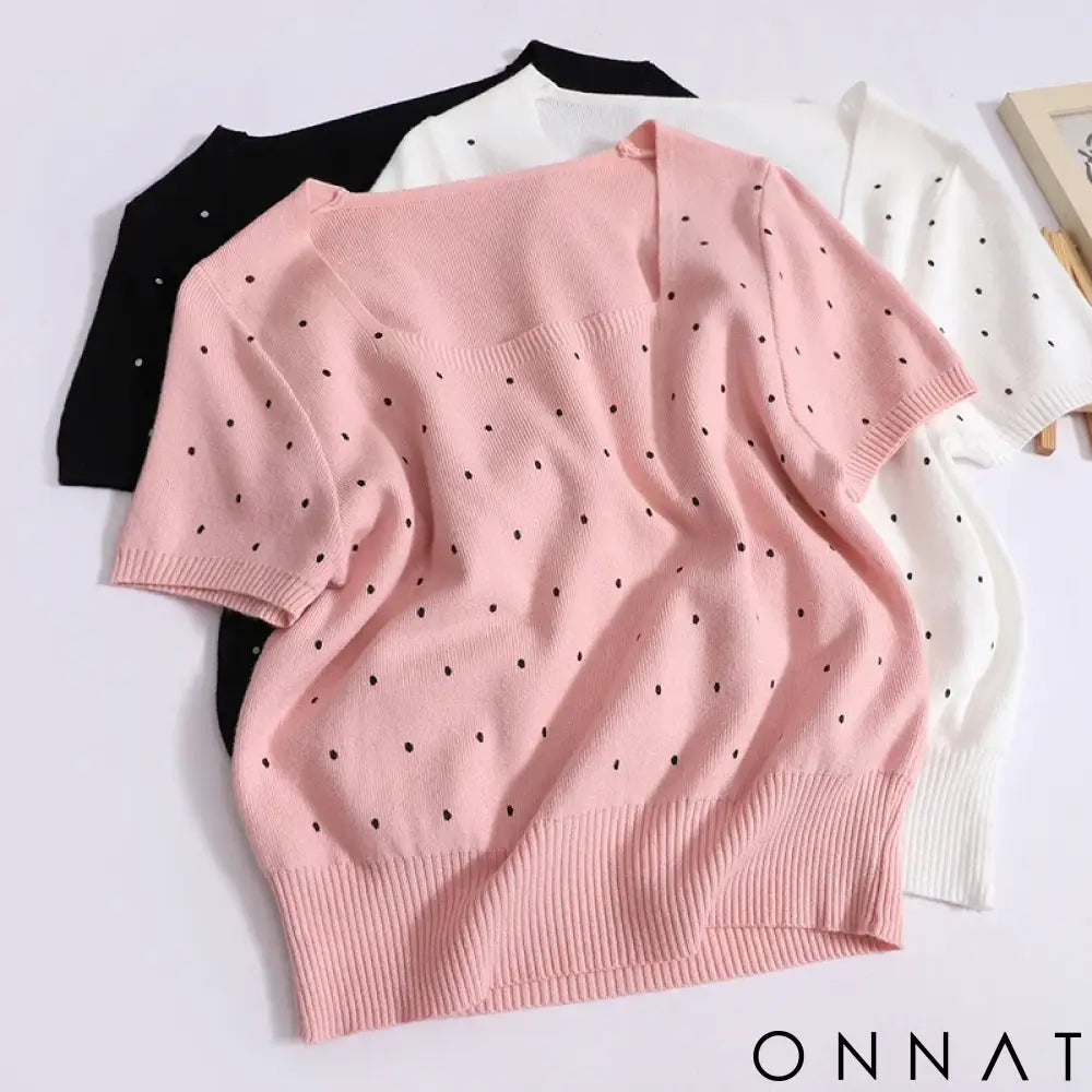 Women 2024 Sweet Dot Square Neck T-shirt Summer Loose Short Sleeved Knit Tops New Versatile Worn Outside Thin Rib