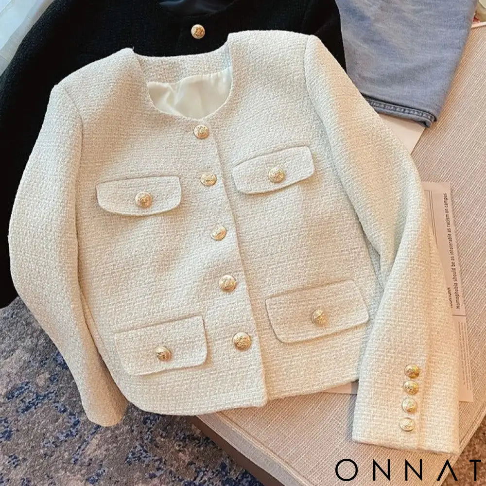 Tweed Gold Button Couture Jacket S / White Tweed