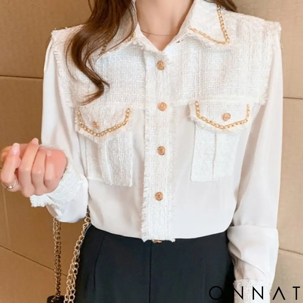Tweed Silk Chain Gold Button Blouse Tops