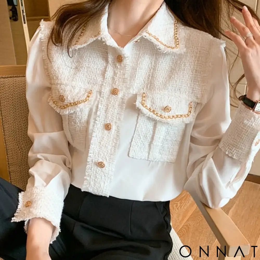 Tweed Silk Chain Gold Button Blouse Tops