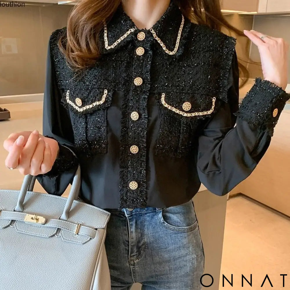 Tweed Silk Chain Gold Button Blouse Tops