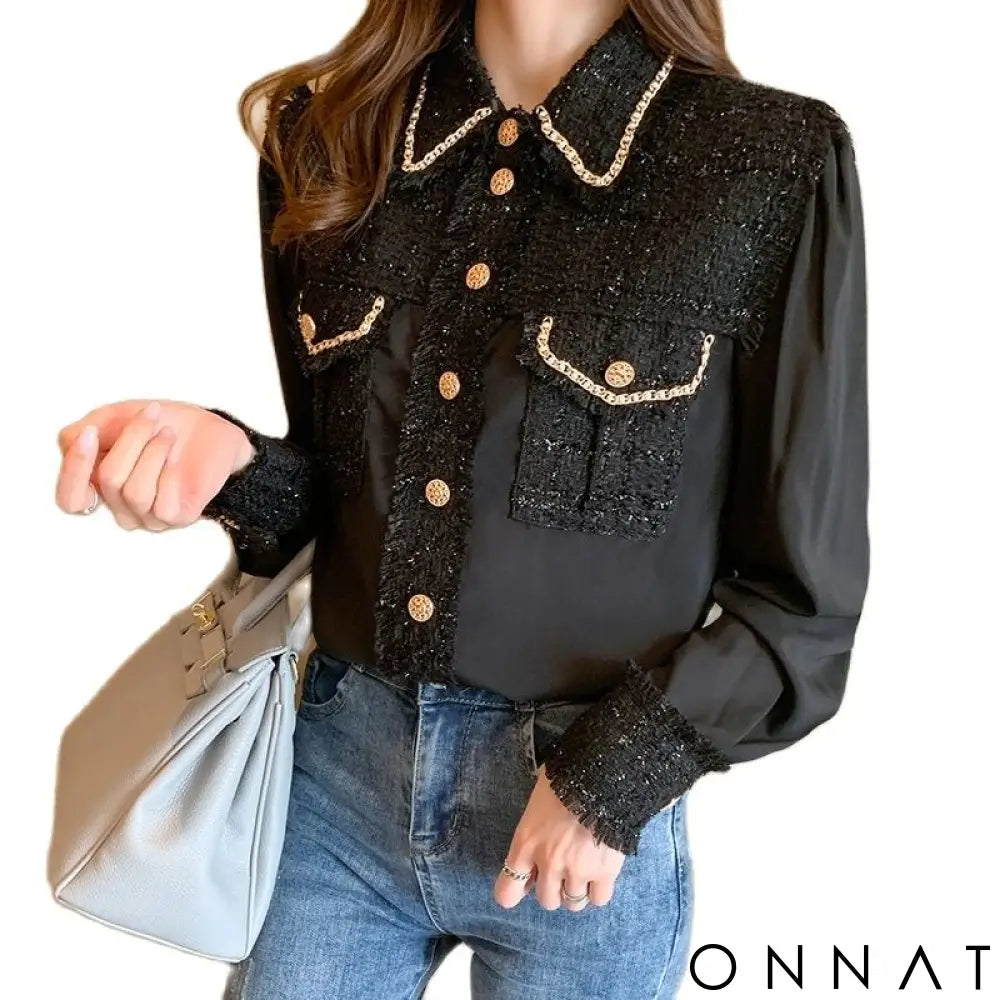 Tweed Silk Chain Gold Button Blouse Tops