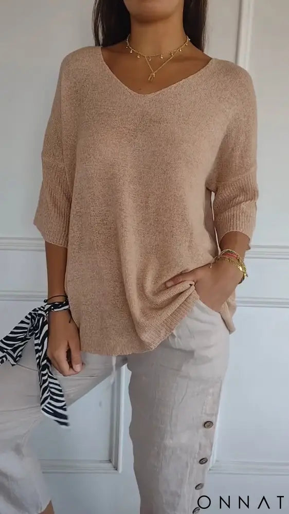 Velmara | Elegant Knitted V-Neck Top Khaki / S