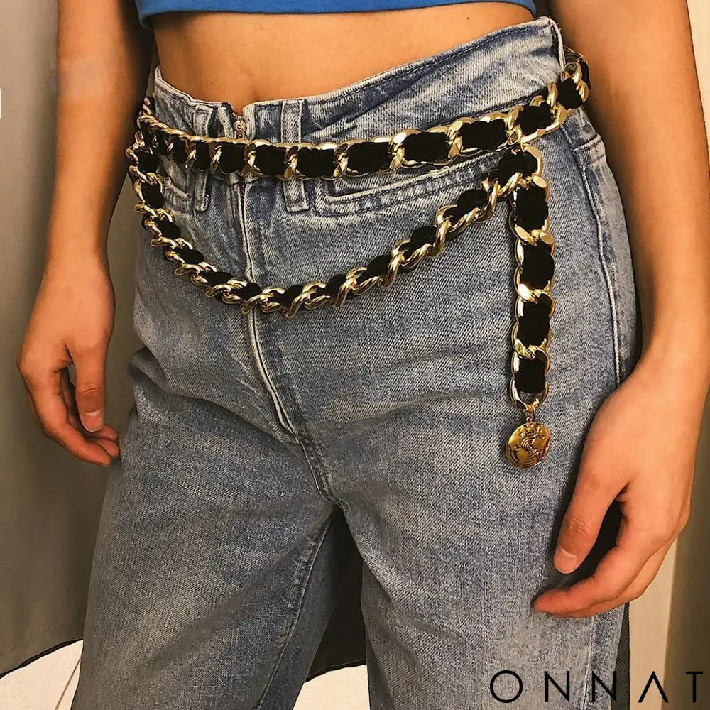 Vintage Couture Black & Gold Chain Tassel Belt ONE SIZE (ADJUSTABLE) Jewelry