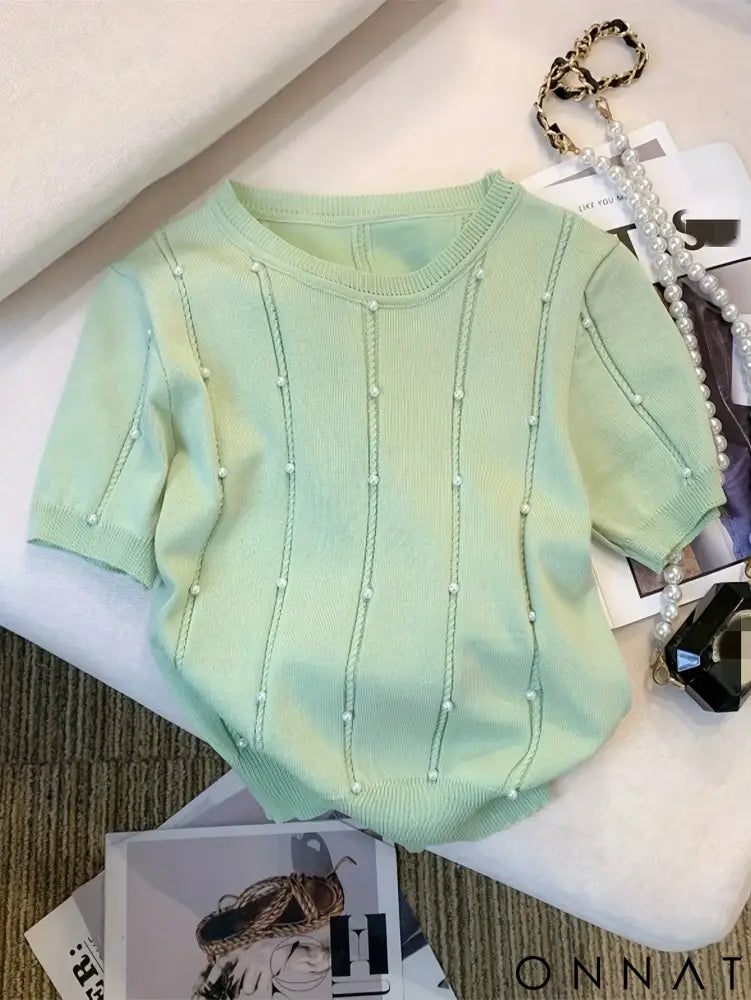 2025 New Thin Solid Color Crew Neck Beaded Sweater Chic Short Sleeve Knit Top For Spring & Summer Women’s Clothing Crop