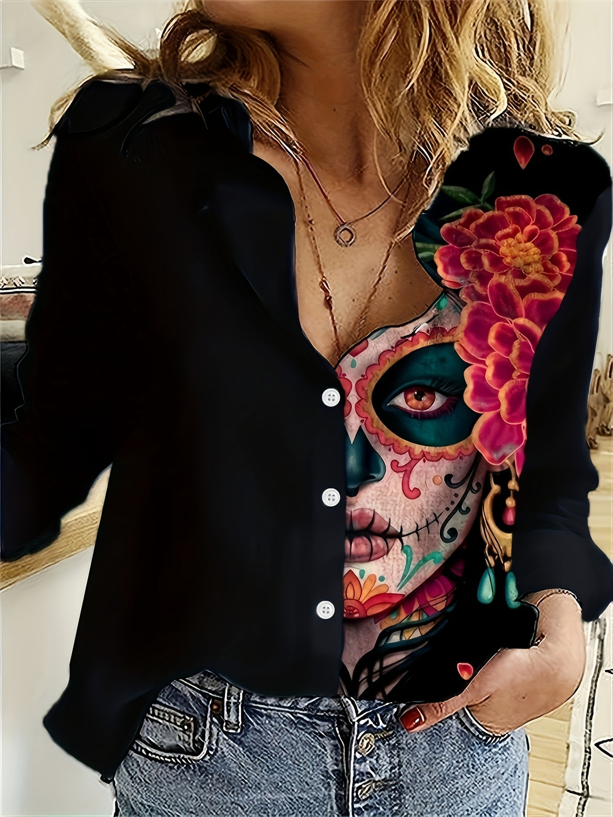 Camisa LunaBloom Casual com Estampa Retrato