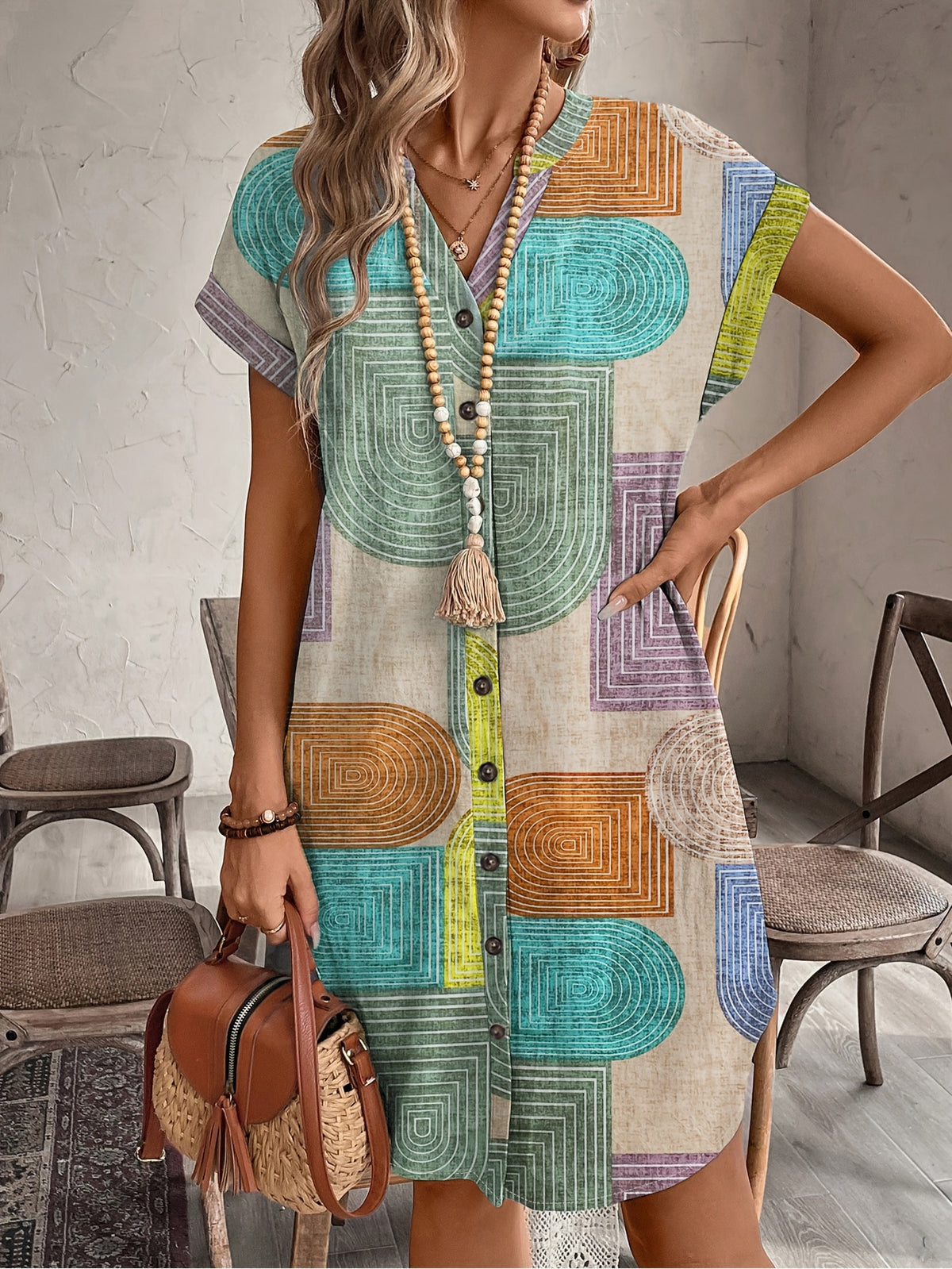 Vestido Geométrico V-Neck
