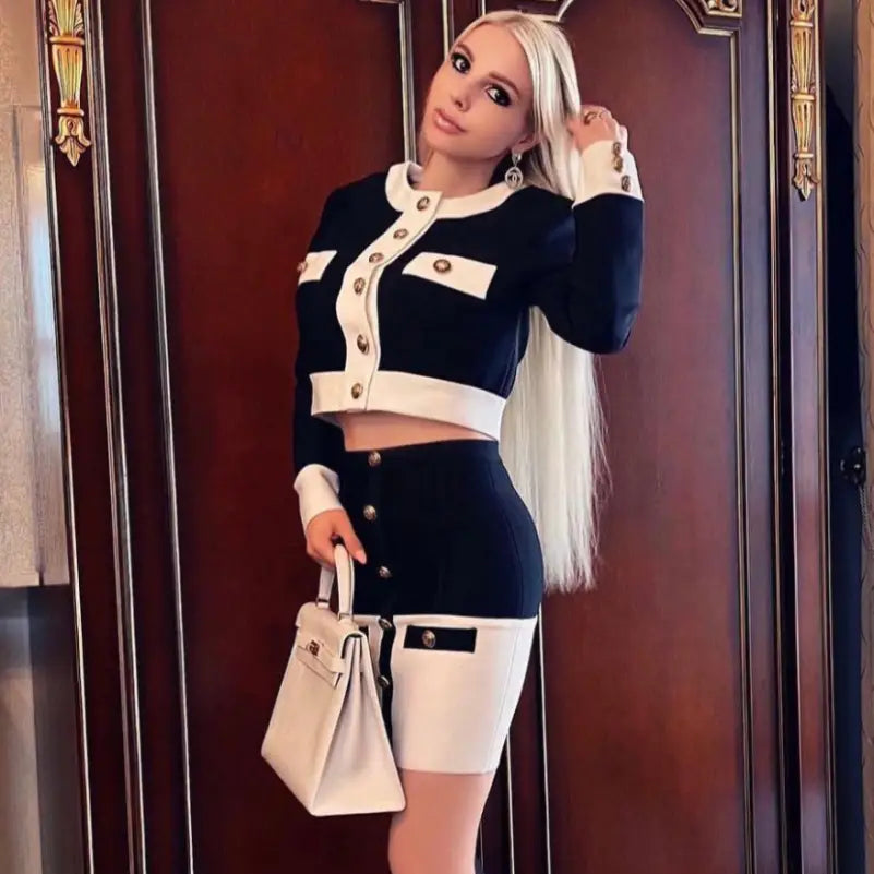 2-Piece Black & White Sweater & Skirt Set S