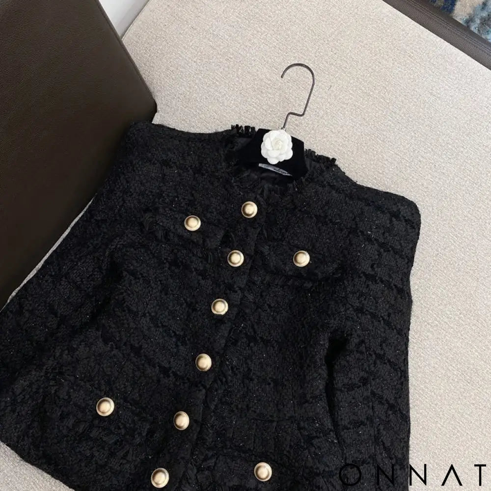 2-Piece Gold Button Tweed Jacket & Skirt Set