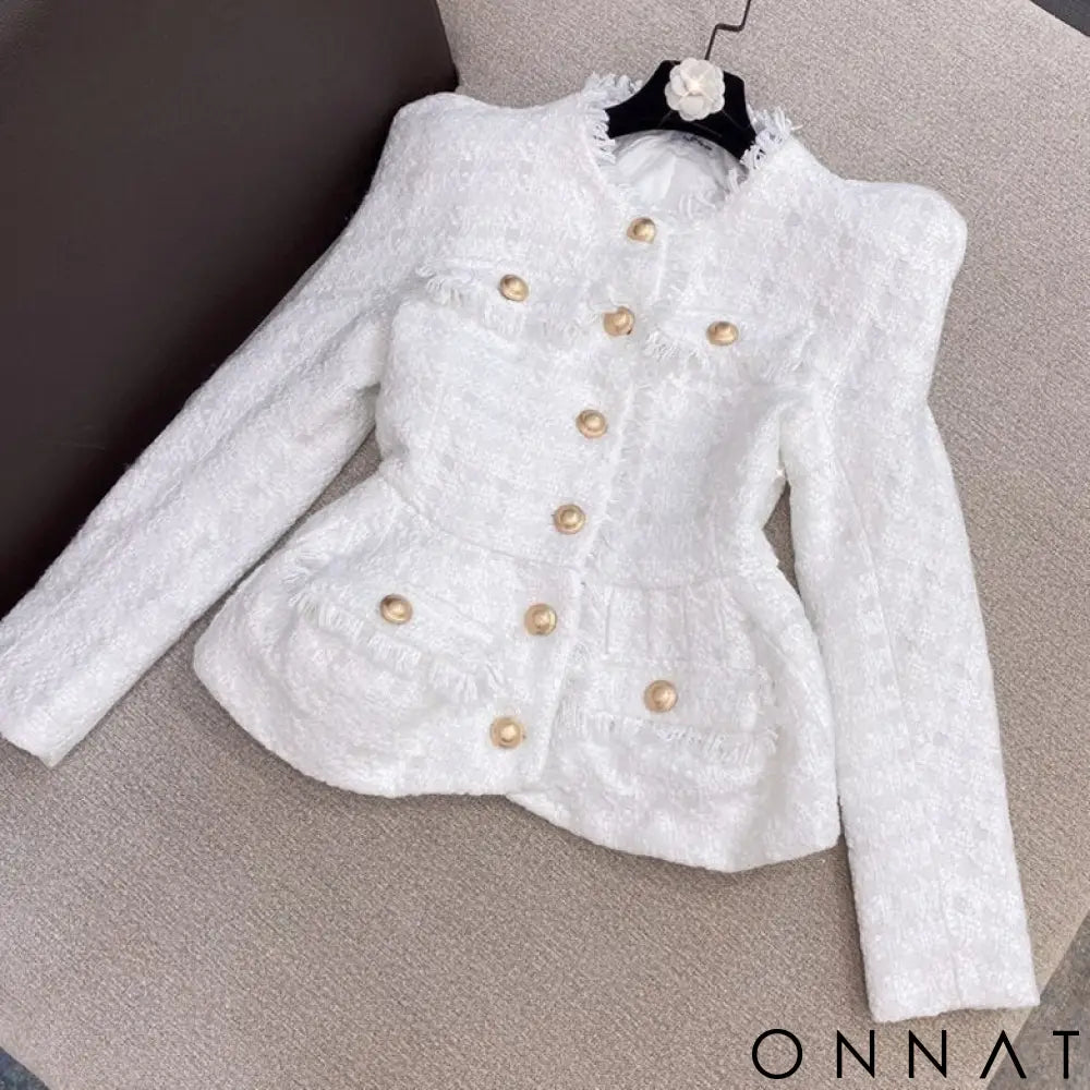 2-Piece Gold Button Tweed Jacket & Skirt Set