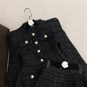 2-Piece Gold Button Tweed Jacket & Skirt Set