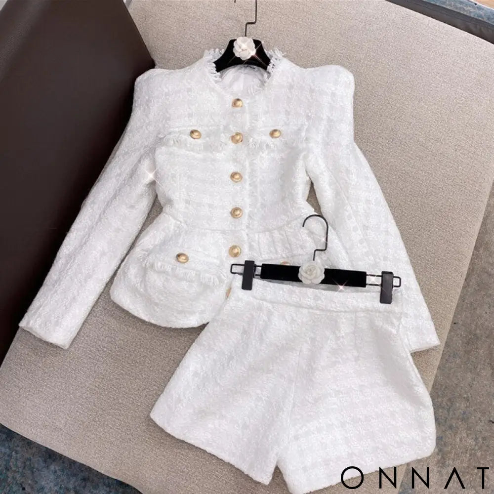 2-Piece Gold Button Tweed Jacket & Skirt Set