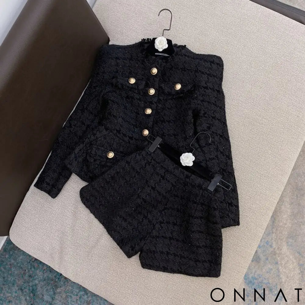 2-Piece Gold Button Tweed Jacket & Skirt Set